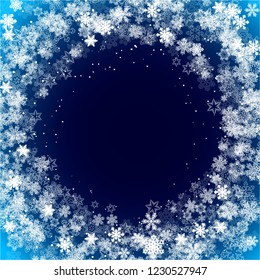 Snowflakes frame with dark blue background for Christmas and New Year or winter season template for inviation, greeting card, holiday poster, banner, sales, discount, promo. Snow, stars at borders