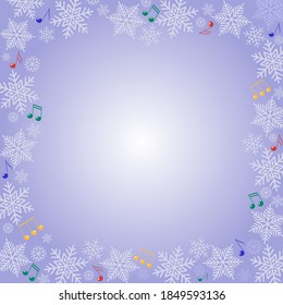 Snowflakes frame with musical notes. Design element for festive banner, greeting card, postcard, Christmas, New year invitation. Vector illustration. 