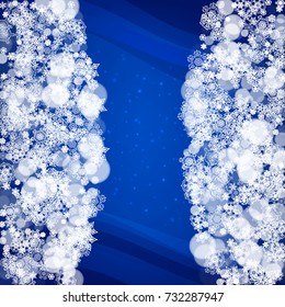 Snowflakes frame on blue background with sparkles. Merry Christmas and Happy New Year. Falling snowflakes frame for banners, gift cards, party invitation, partner compliment and special business offer