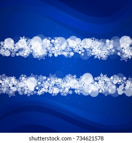 Snowflakes frame on blue background with sparkles. Merry Christmas and Happy New Year. Falling snowflakes frame for banners, gift cards, party invitation, partner compliment and special business offer