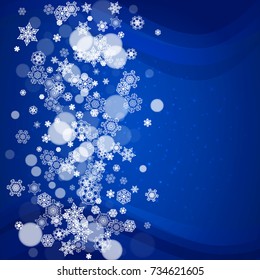 Snowflakes frame on blue background with sparkles. Merry Christmas and Happy New Year. Falling snowflakes frame for banners, gift cards, party invitation, partner compliment and special business offer