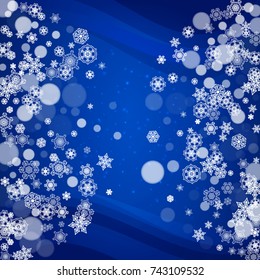 Snowflakes frame on blue background with sparkles. Merry Christmas and Happy New Year. Falling snowflakes frame for banners, gift cards, party invitation, partner compliment and special business offer