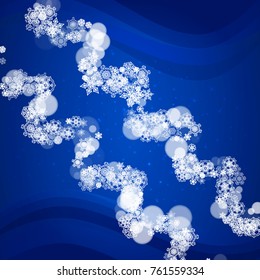 Snowflakes frame on blue background with sparkles. Merry Christmas and Happy New Year. Falling snowflakes frame for banners, gift cards, party invitation, partner compliment and special business offer