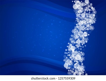 Snowflakes frame on horizontal blue background with sparkles. Merry Christmas and Happy New Year. Falling snowflakes frame for banners, gift cards, party invitation and special business offer