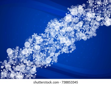 Snowflakes frame on horizontal blue background with sparkles. Merry Christmas and Happy New Year. Falling snowflakes frame for banners, gift cards, party invitation and special business offer