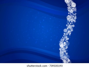 Snowflakes frame on horizontal blue background with sparkles. Merry Christmas and Happy New Year. Falling snowflakes frame for banners, gift cards, party invitation and special business offer