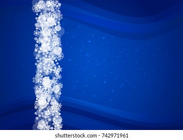 Snowflakes frame on horizontal blue background with sparkles. Merry Christmas and Happy New Year. Falling snowflakes frame for banners, gift cards, party invitation and special business offer