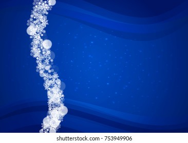Snowflakes frame on horizontal blue background with sparkles. Merry Christmas and Happy New Year. Falling snowflakes frame for banners, gift cards, party invitation and special business offer