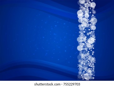 Snowflakes frame on horizontal blue background with sparkles. Merry Christmas and Happy New Year. Falling snowflakes frame for banners, gift cards, party invitation and special business offer