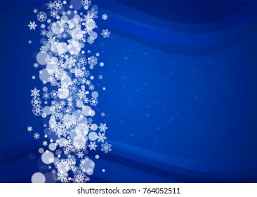 Snowflakes frame on horizontal blue background with sparkles. Merry Christmas and Happy New Year. Falling snowflakes frame for banners, gift cards, party invitation and special business offer
