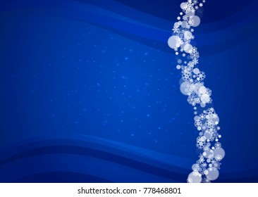 Snowflakes frame on horizontal blue background with sparkles. Merry Christmas and Happy New Year. Falling snowflakes frame for banners, gift cards, party invitation and special business offer