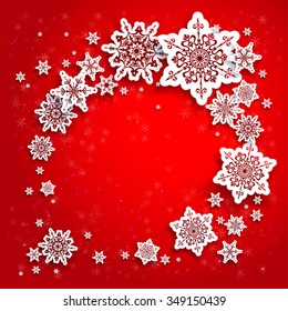 Snowflakes frame on red background. Christmas background for design card, banner, leaflet and so on.