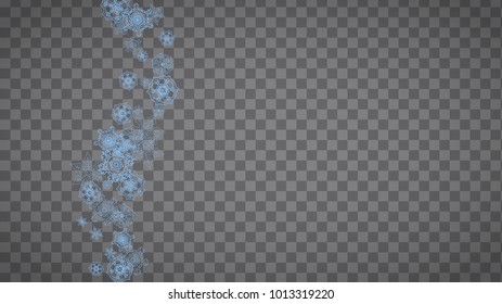 Snowflakes frame on transparent background. Christmas and Happy New Year. Isolated horizontal snowflakes frame for banners, gift cards, party invitation, partner compliment and special business offer