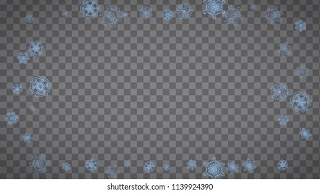 Snowflakes frame on transparent background. Christmas and Happy New Year. Isolated horizontal snowflakes frame for banners, gift cards, party invitation, partner compliment and special business offer