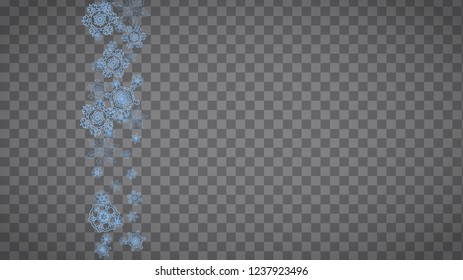 Snowflakes frame on transparent background. Christmas and Happy New Year. Isolated horizontal snowflakes frame for banners, gift cards, party invitation, partner compliment and special business offer