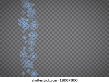 Snowflakes frame on transparent background. Christmas and Happy New Year. Isolated horizontal snowflakes frame for banners, gift cards, party invitation, partner compliment and special business offer