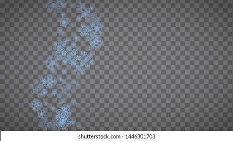 Snowflakes frame on transparent background. Christmas and Happy New Year. Isolated horizontal snowflakes frame for banners, gift cards, party invitation, partner compliment and special business offer