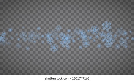 Snowflakes frame on transparent background. Christmas and Happy New Year. Isolated horizontal snowflakes frame for banners, gift cards, party invitation, partner compliment and special business offer