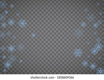 Schneeflocken bilden einen Rahmen auf transparentem Hintergrund. Weihnachten und gutes neues Jahr. Einziger horizontaler Schneeflocken-Rahmen für Banner, Geschenkkarten, Partyeinladung, Partnerergänzung und Sonderangebot