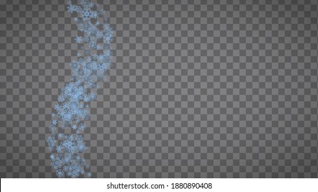 Los copos de nieve se enmarcan en un fondo transparente. Navidad y Feliz Año Nuevo. Marco horizontal aislado de copos de nieve para carteles, tarjetas de regalo, invitación a fiestas, acompañamiento de socios y oferta especial de negocios