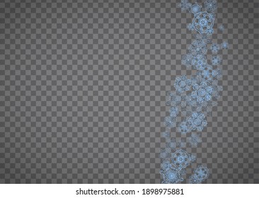 Schneeflocken bilden einen Rahmen auf transparentem Hintergrund. Weihnachten und gutes neues Jahr. Einziger horizontaler Schneeflocken-Rahmen für Banner, Geschenkkarten, Partyeinladung, Partnerergänzung und Sonderangebot
