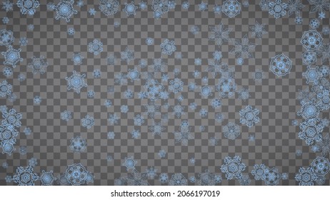 Snowflakes frame on transparent background. Christmas and Happy New Year. Isolated horizontal snowflakes frame for banners, gift cards, party invitation, partner compliment and special business offer
