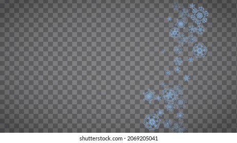 Los copos de nieve se enmarcan en un fondo transparente. Navidad y Feliz Año Nuevo. Marco horizontal aislado de copos de nieve para carteles, tarjetas de regalo, invitación a fiestas, acompañamiento de socios y oferta especial de negocios