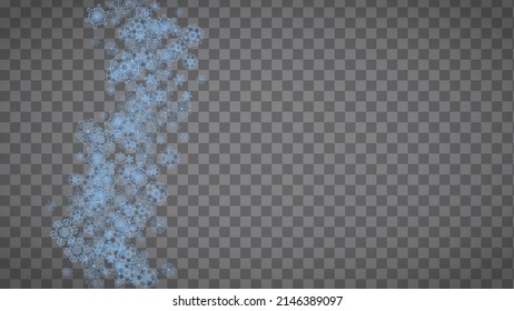 Los copos de nieve se enmarcan en un fondo transparente. Navidad y Feliz Año Nuevo. Marco horizontal aislado de copos de nieve para carteles, tarjetas de regalo, invitación a fiestas, acompañamiento de socios y oferta especial de negocios