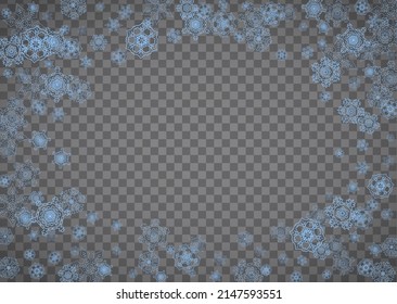 Snowflakes frame on transparent background. Christmas and Happy New Year. Isolated horizontal snowflakes frame for banners, gift cards, party invitation, partner compliment and special business offer