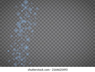 Los copos de nieve se enmarcan en un fondo transparente. Navidad y Feliz Año Nuevo. Marco horizontal aislado de copos de nieve para carteles, tarjetas de regalo, invitación a fiestas, acompañamiento de socios y oferta especial de negocios