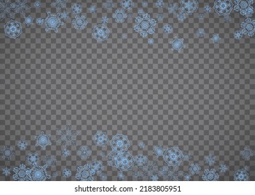 Snowflakes frame on transparent background. Christmas and Happy New Year. Isolated horizontal snowflakes frame for banners, gift cards, party invitation, partner compliment and special business offer