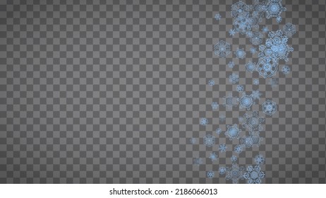 Snowflakes frame on transparent background. Christmas and Happy New Year. Isolated horizontal snowflakes frame for banners, gift cards, party invitation, partner compliment and special business offer