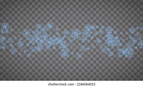 Los copos de nieve se enmarcan en un fondo transparente. Navidad y Feliz Año Nuevo. Marco horizontal aislado de copos de nieve para carteles, tarjetas de regalo, invitación a fiestas, acompañamiento de socios y oferta especial de negocios