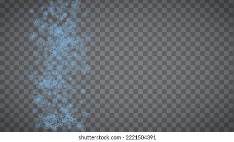 Snowflakes frame on transparent background. Christmas and Happy New Year. Isolated horizontal snowflakes frame for banners, gift cards, party invitation, partner compliment and special business offer