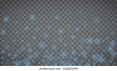 Snowflakes frame on transparent background. Christmas and Happy New Year. Isolated horizontal snowflakes frame for banners, gift cards, party invitation, partner compliment and special business offer
