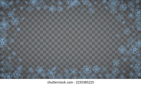 Los copos de nieve se enmarcan en un fondo transparente. Navidad y Feliz Año Nuevo. Marco horizontal aislado de copos de nieve para carteles, tarjetas de regalo, invitación a fiestas, acompañamiento de socios y oferta especial de negocios