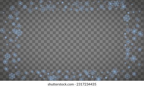 Snowflakes frame on transparent background. Christmas and Happy New Year. Isolated horizontal snowflakes frame for banners, gift cards, party invitation, partner compliment and special business offer