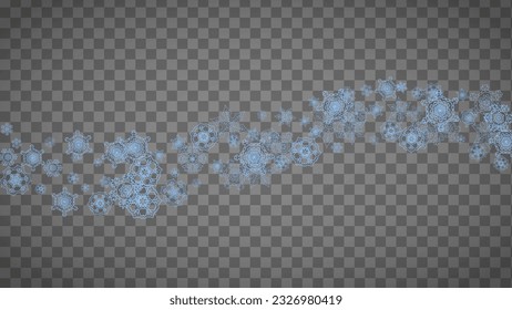 Los copos de nieve se enmarcan en un fondo transparente. Navidad y Feliz Año Nuevo. Marco horizontal aislado de copos de nieve para carteles, tarjetas de regalo, invitación a fiestas, acompañamiento de socios y oferta especial de negocios