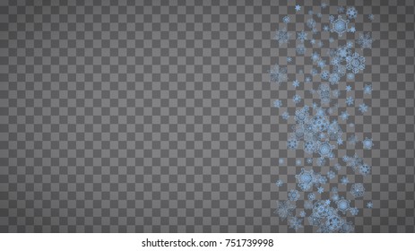 Snowflakes frame on transparent background. Christmas and Happy New Year. Isolated horizontal snowflakes frame for banners, gift cards, party invitation, partner compliment and special business offer