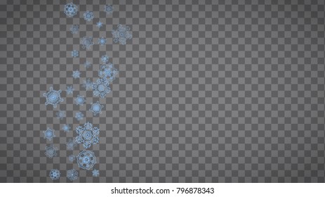 Snowflakes frame on transparent background. Christmas and Happy New Year. Isolated horizontal snowflakes frame for banners, gift cards, party invitation, partner compliment and special business offer