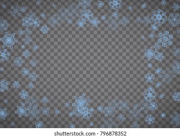 Snowflakes frame on transparent background. Christmas and Happy New Year. Isolated horizontal snowflakes frame for banners, gift cards, party invitation, partner compliment and special business offer