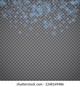 Snowflakes frame on transparent grey background. Merry Christmas and Happy New Year. Isolated snowflakes frame for banners, gift cards, party invitation, partner compliment and special business offer