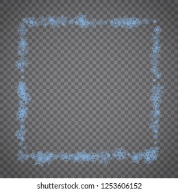 Snowflakes frame on transparent grey background. Merry Christmas and Happy New Year. Isolated snowflakes frame for banners, gift cards, party invitation, partner compliment and special business offer