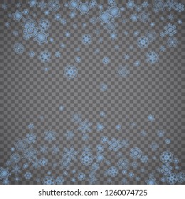 Snowflakes frame on transparent grey background. Merry Christmas and Happy New Year. Isolated snowflakes frame for banners, gift cards, party invitation, partner compliment and special business offer