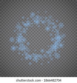 Snowflakes frame on transparent grey background. Merry Christmas and Happy New Year. Isolated snowflakes frame for banners, gift cards, party invitation, partner compliment and special business offer