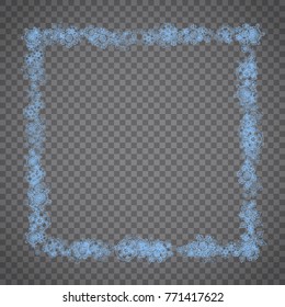 Snowflakes frame on transparent grey background. Merry Christmas and Happy New Year. Isolated snowflakes frame for banners, gift cards, party invitation, partner compliment and special business offer