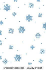 Flocos de neve em formas geométricas espalhadas em um fundo branco. Vários projetos de flocos de neve simétricos criam um padrão sem costura. Ilustração de vetor de desenhos animados.