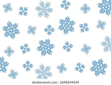 Flocos de neve em formas geométricas espalhadas em um fundo branco com um estilo limpo. O design apresenta padrões simétricos em vários tamanhos e arranjos. Ilustração de vetor de desenhos animados.