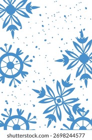 Snowflakes with geometric shapes scattered on a white background. Intricate designs form a seamless winter-themed pattern. Cartoon vector illustration.