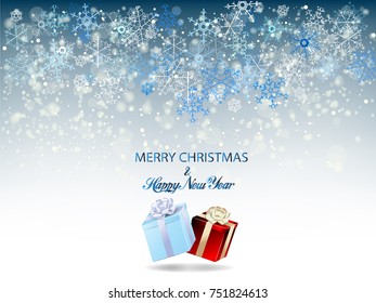 Snowflakes with gift box blue background for invitation card or other banners. Vector illustration.